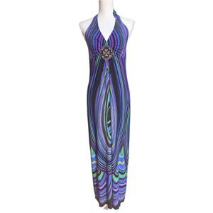 Valerie Bertinelli Boho Chevron Multicolor Maxi Dress Built In Bra Woman Size 6